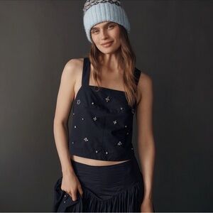 NWT Anthropologie Maeve Sleeveless Embellished Blouse Navy Blue Size XS